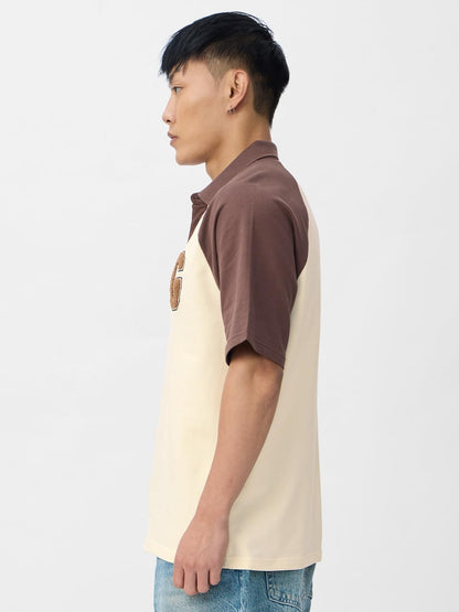 The Souled Store Colourblock Polo: Garfield Men and Boys Short Sleeves Collared Neck Beige and Brown Embroidered Cotton Oversize