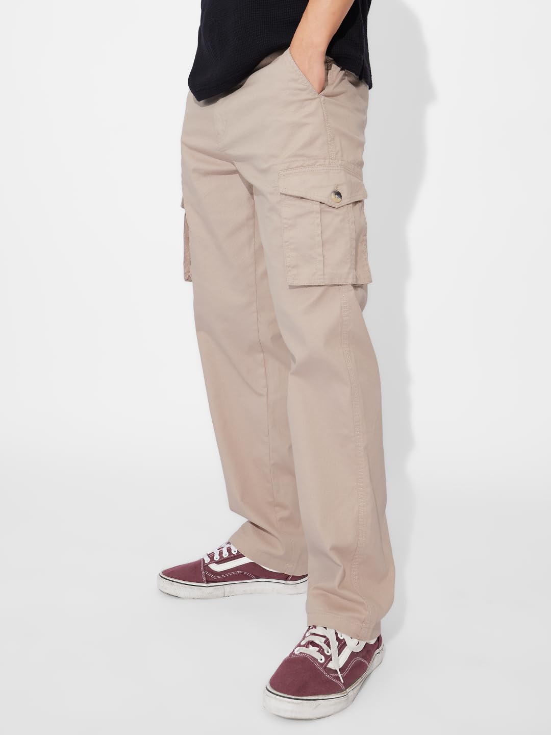 The Souled Store Solids: Sandy Brown Men and Boys Cotton Straight Fit Cargo Pants