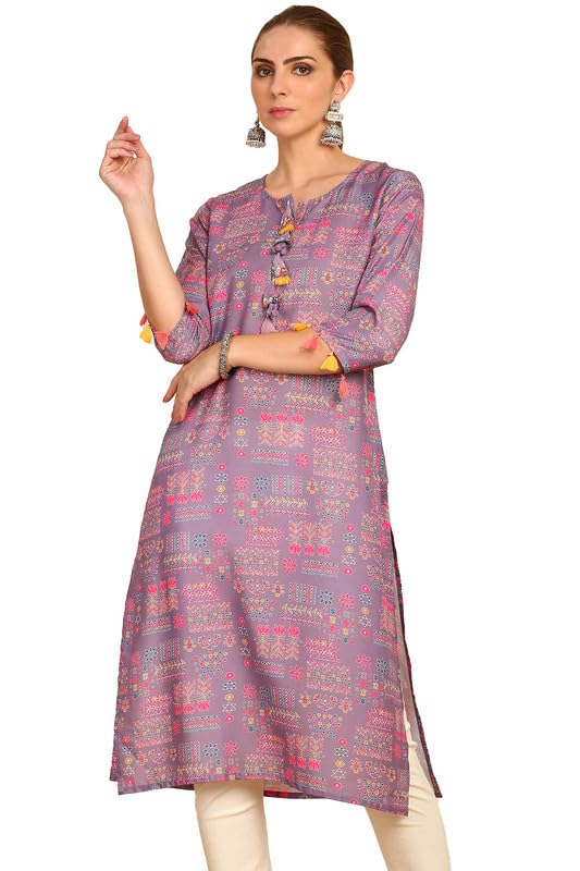 Soch Womens Purple Floral Printed Rayon Straight Kurta With Tassels