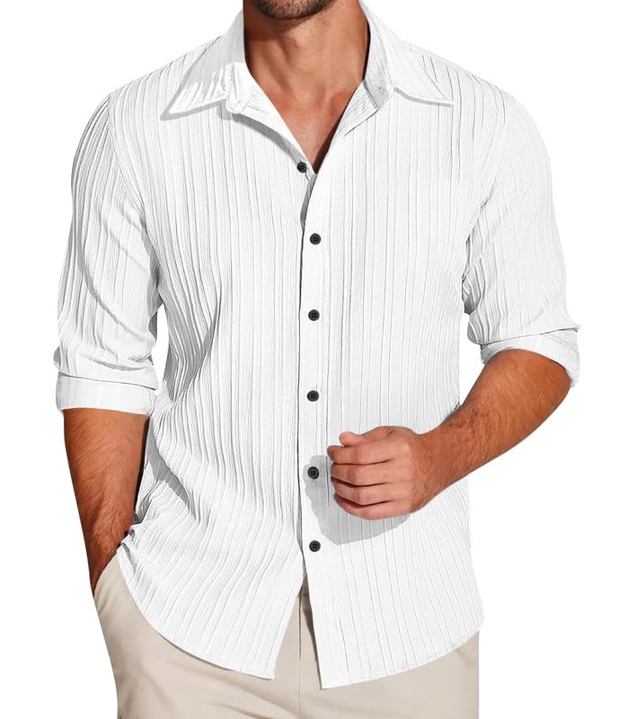 Macsivo MenS Regular Fit Casual Button Down Shirts Long Sleeve Linen Shirt Fashion Popcorn Summer Shirt White
