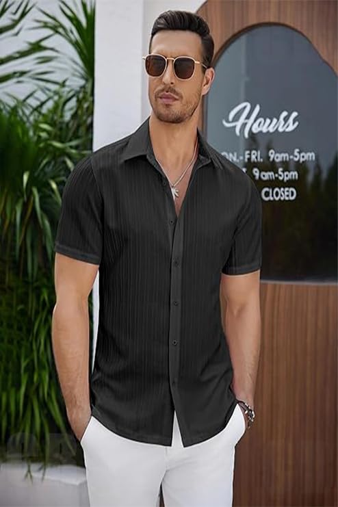 Cb-Colebrook MenS Casual Button Down Shirts Short Sleeve Linen Shirt Fashion Textured Beach Summer Shirt Hawaiian Vacation Spre