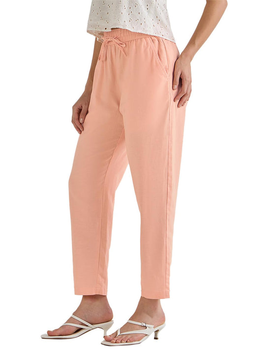 Bewakoof Womens Solid Regular Fit 87% Cotton;13% Linen Casual Pants_628278_Orange_28