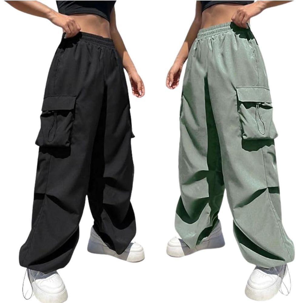 Greciilooks Cotton Solid Side Pockets Parachute Cargo Pant For Women
