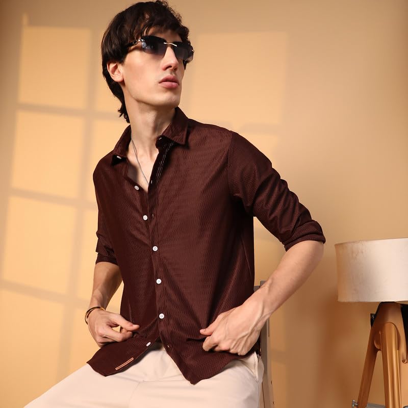 Campus Sutra Mens Chocolate Brown Solid Honeycomb Shirt for Casual Wear | Spread Collar | Long Sleeve | Button Closure | Shirt