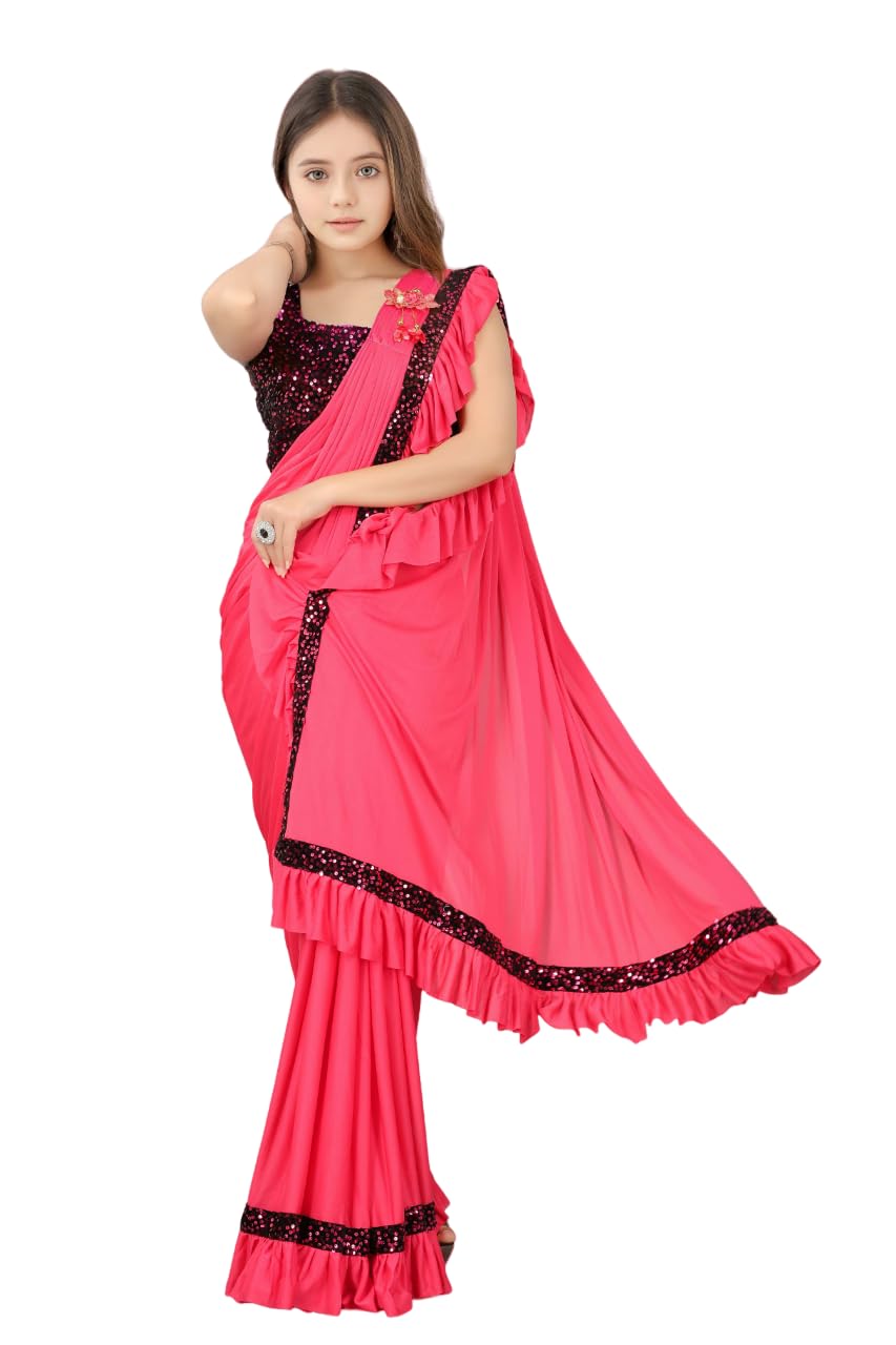 Dhyey Fashion Baby Girls Lycra Blend Saree With Unstitched Blouse  Elegant & Comfortable Saree For Baby Girls,Soft And Stretchy