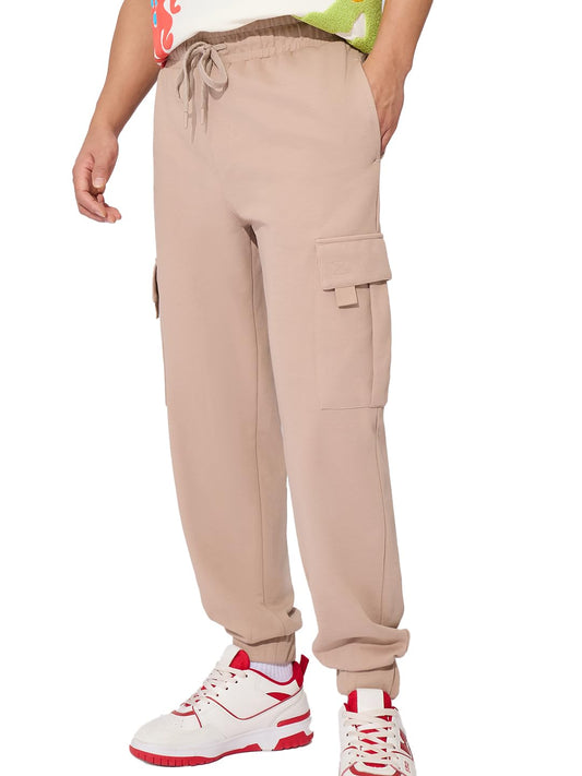 The Souled Store Solids: Coffee Cream Men and Boys Drawstringed Cotton Blend Slim Fit Cargo Joggers