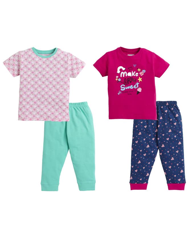 BUMZEE Pink & Green Girls Half Sleeves T-Shirt & Pajama Set Pack of 2 Age - 3-6 Months