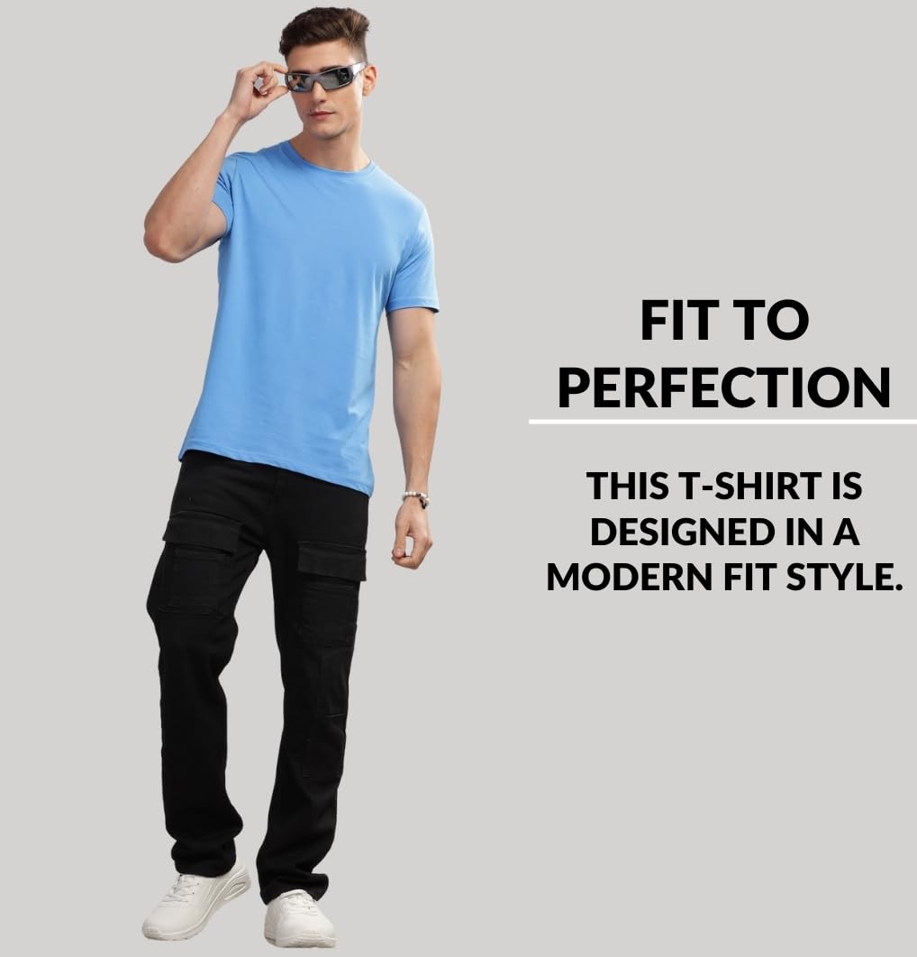 ADRO Men's Solid Regular Fit T-Shirt (RCM3-PLN-BL-NB-SK_Black,Navy,Sky Blue