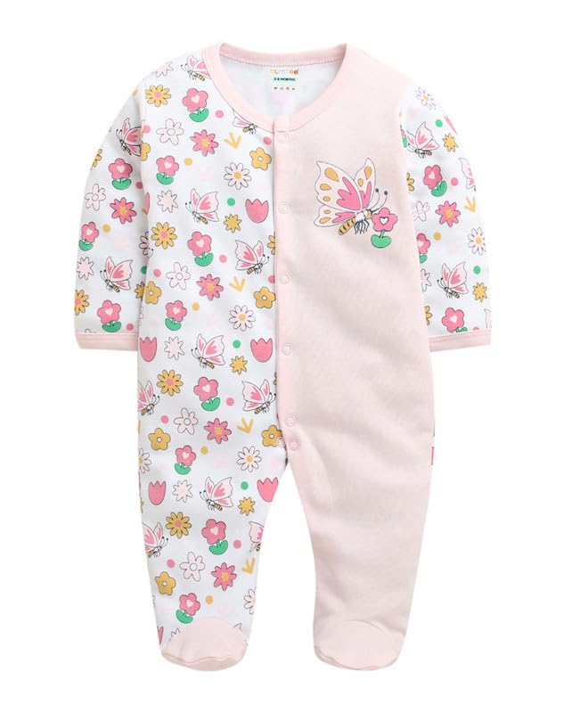 Bumzee Girls Cotton Full Sleeves Sleepsuit Pink & White - New Born (Peb10920A-Pnk)