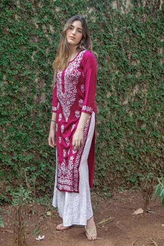 GoSriKi Rayon Blend Chikankari Kurta for Women, XXL, Pink, Model Victoria Purple-GS
