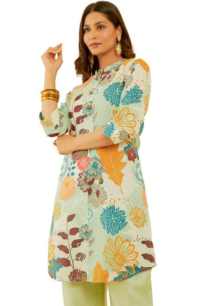 Soch Womens Cream & Green Botanical Print Linen Blend Kurta