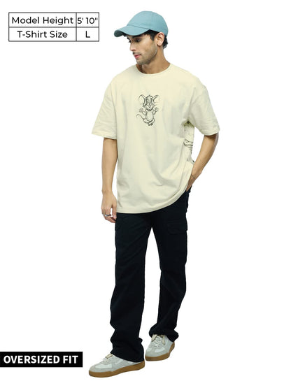 The Souled Store Official Tom and Jerry: Angry Tom Men and Boys Oversized fit Half Sleeve Cotton Off White Men Oversized T-Shirt