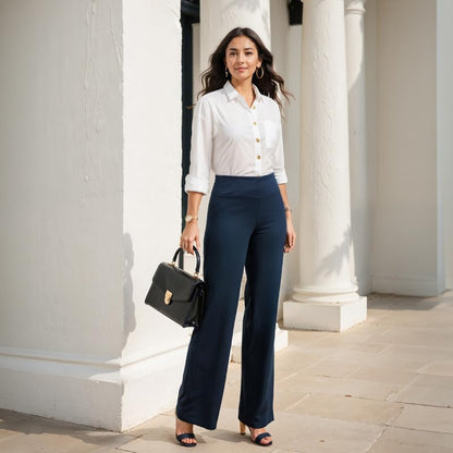 BlissClub Women High Rise The Ultimate Wide Leg Pants - Lite | Pockets | High Waisted | Quick Dry | Drawstring Naina Navy | Size