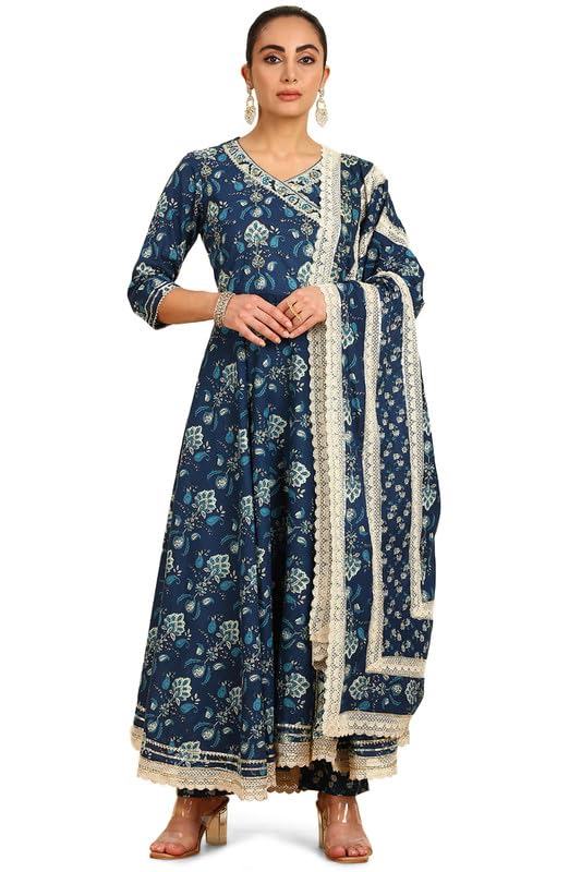 Soch Womens Blue Botanical Print Angrakha Cotton Suit Set