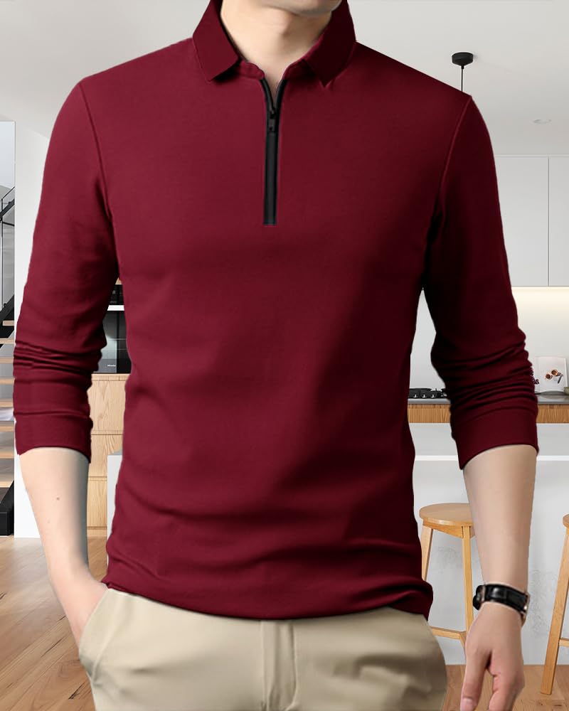 Noble Monk MenS Polo Neck Full Sleeves Solid T-Shirt Wine Red Black
