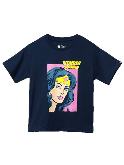 The Souled Store|Official Wonder Woman: Fierce Kids and Girl T-Shirts|Half Sleeve|Loose fit Graphic Printed| 100% Cotton Dark Bl