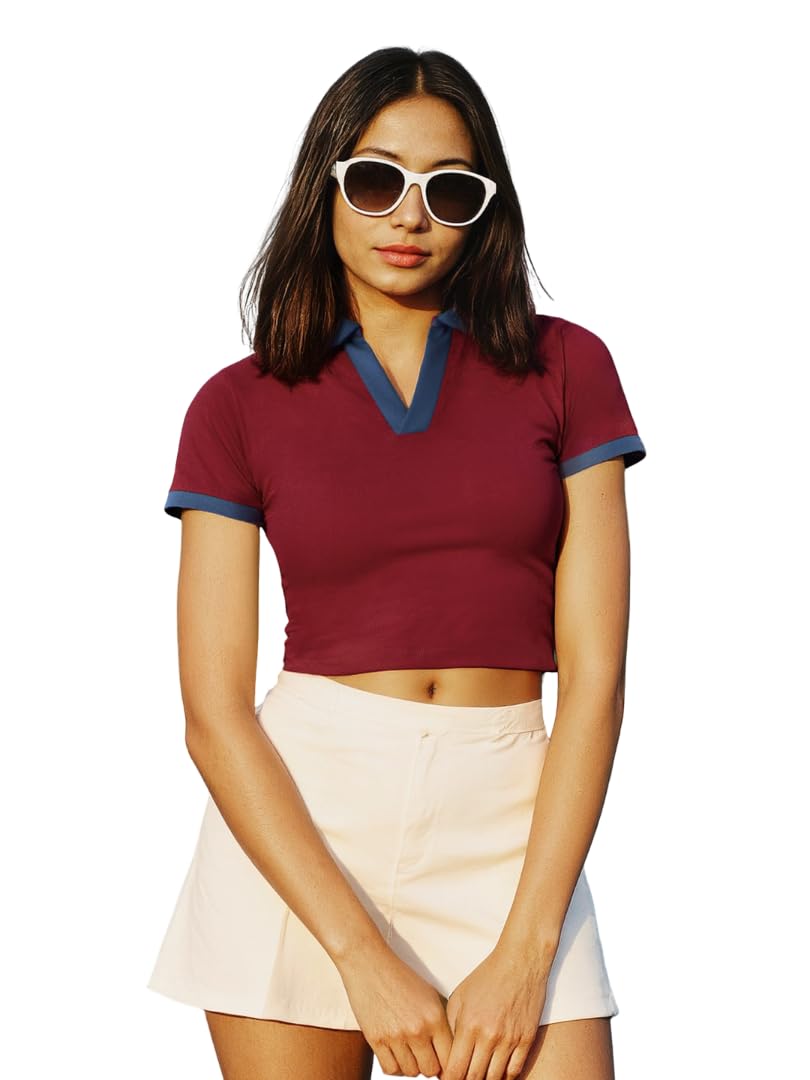 The Souled Store Solids: Scarlet Women and Girls Short Sleeves Collared Neck Slim Fit Cotton Blend Cropped Polos