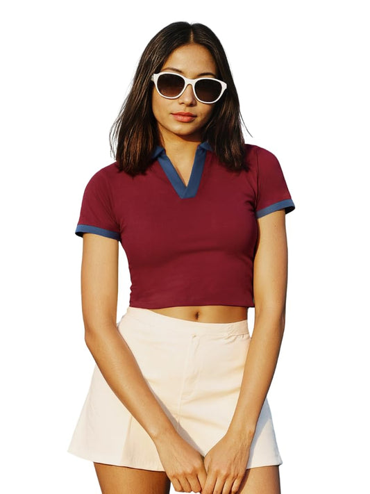 The Souled Store Solids: Scarlet Women and Girls Short Sleeves Collared Neck Slim Fit Cotton Blend Cropped Polos