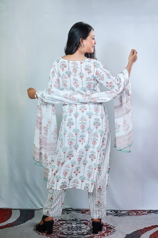 Pinkmint Womens Printed V Neck Kurta and Pant Set with Dupatta