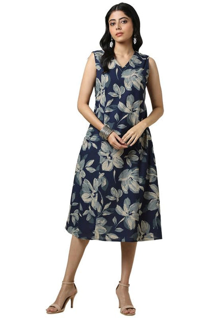 Soch Womens Indigo Cotton Slub Floral Print Dress