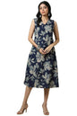 Soch Womens Indigo Cotton Slub Floral Print Dress