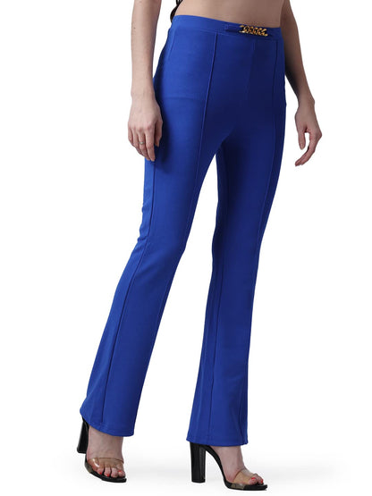 POPWINGS Solid Full-Length Polyester Regular-Fit Trouser Pants for Women for Casual and Semi Formal Wear Blue