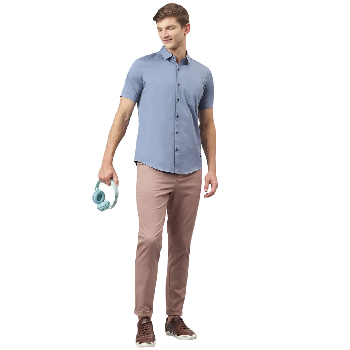 Thomas Scott Mens Solid Slim Fit 100% Cotton Casual Shirt with Cutaway Collar and Half Sleeve Grey