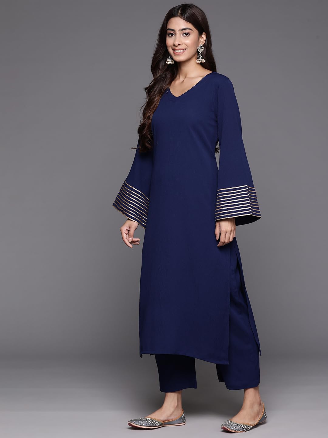 Varanga Women Navy Blue Solid V-Neck Embellished With Gota Straight Kurta Paired With Tonal Bottom And Dupatta  Elegant Ethnic W