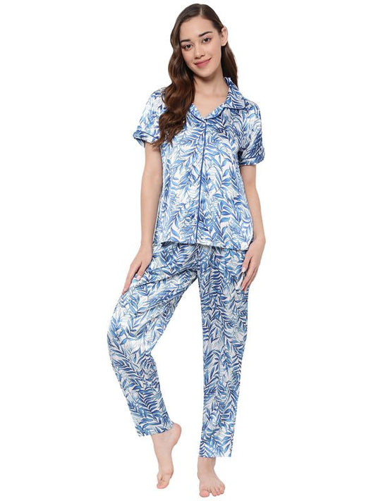 Clovia Womens Crepe Printed Button Down Shirt & Pyjama Set (LS0385F01_Grey_XXL)