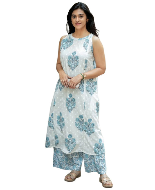 ANNI Designer Womens Rayon Viscose A-Line Printed Kurta with Palazzo (Durvish White_XXL_White_XX-Large)