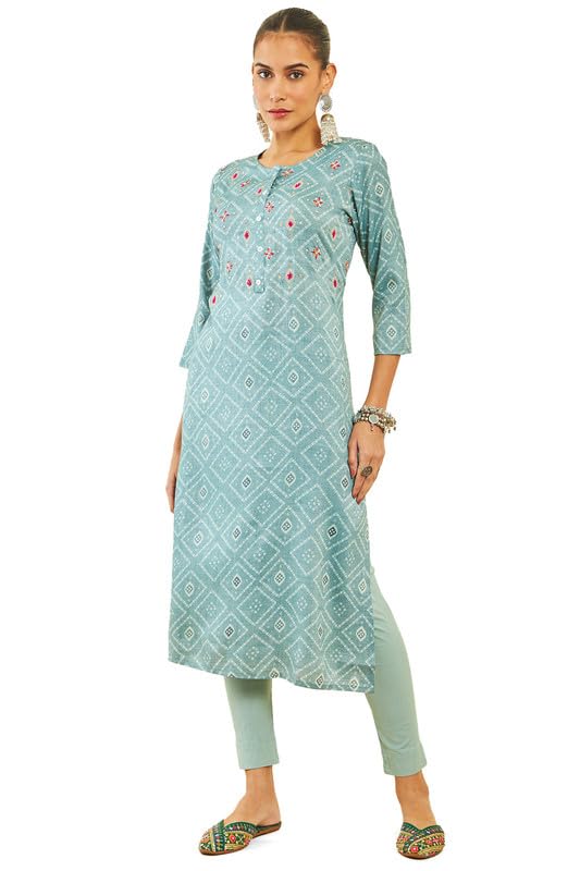 Soch Womens Grey Rayon Kurta with Bandhani Print and Hand Embroidery