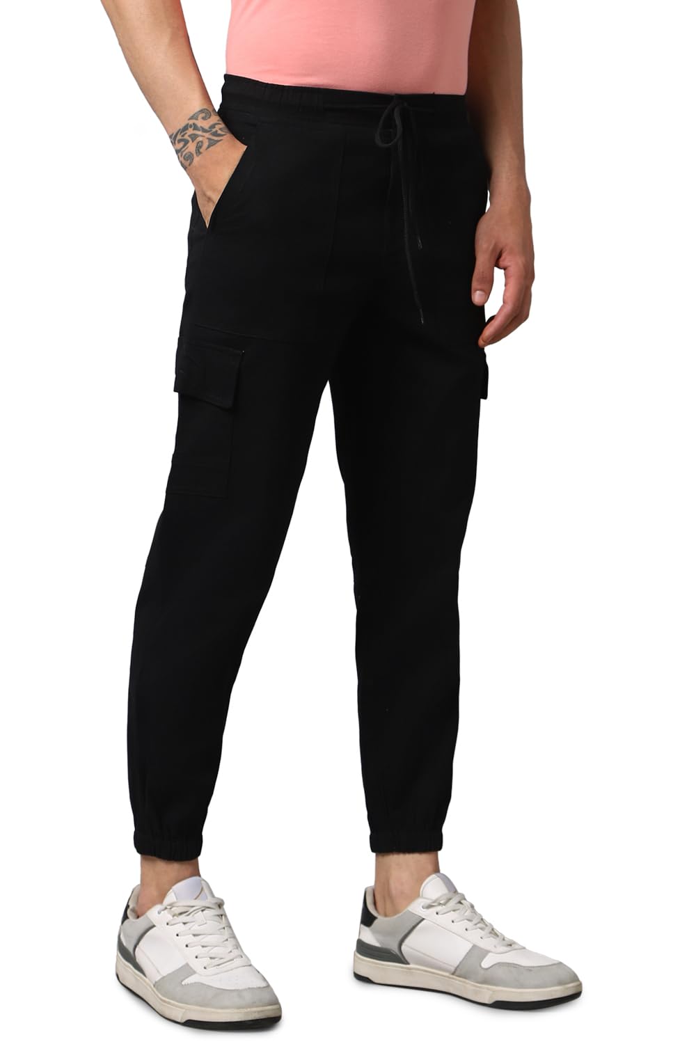 Hubberholme MenS Regular Fit Cotton Trousers, Ankle Length Button Closure Elasticated Waist Cargo Joggers Black