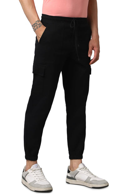 Hubberholme MenS Regular Fit Cotton Trousers, Ankle Length Button Closure Elasticated Waist Cargo Joggers Black
