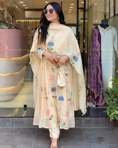ANNI DESIGNER Women's Chanderi Anarkali Printed Kurta with Pant & Dupatta