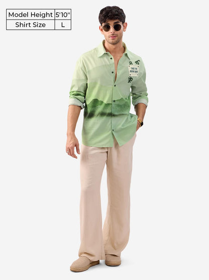 The Souled Store Scenic Route Men and Boys Long Sleeves Collared Neck Green Printed Cotton Relaxed Shirts