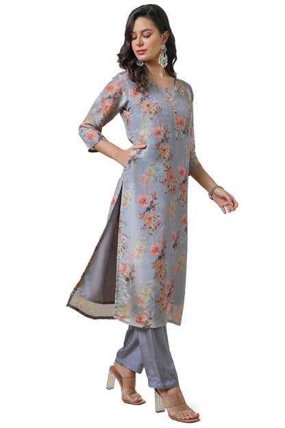 Soch Womens Blue Tissue Floral Print Kurta Set