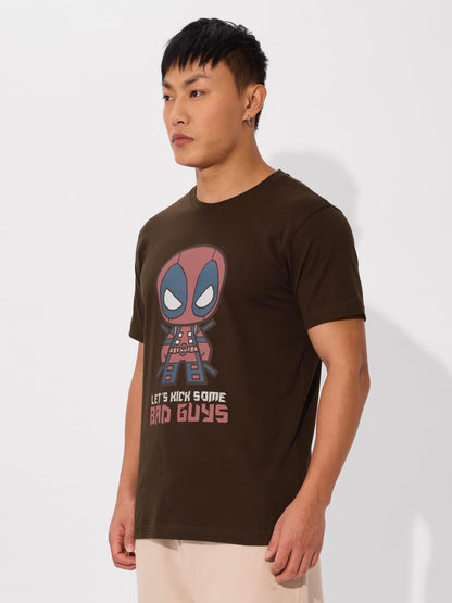 The Souled Store Official Deadpool: Lets Kick Bad Guys Men and Boys Short Sleeves Round Neck Brown Graphic Printed Regular Fit