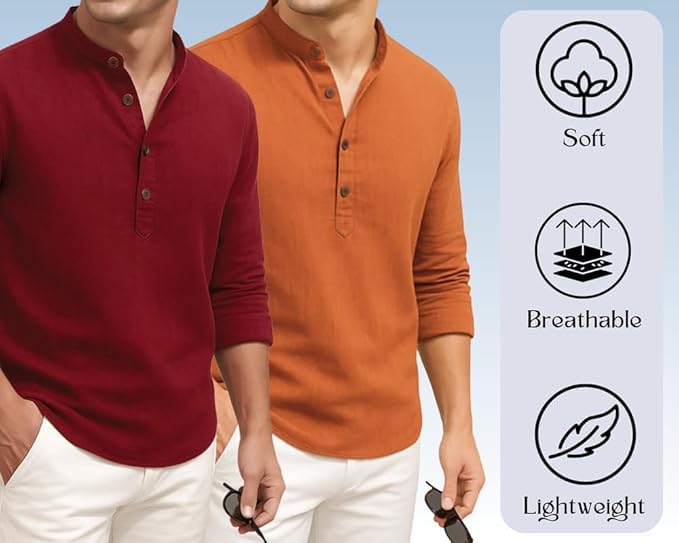 Deelmo Combo Of MenS Cotton Blend Solid Regular Fit Full Sleeve Short Kurta | MenS Trendy Short Kurta Pack Of 2 Red - Orange