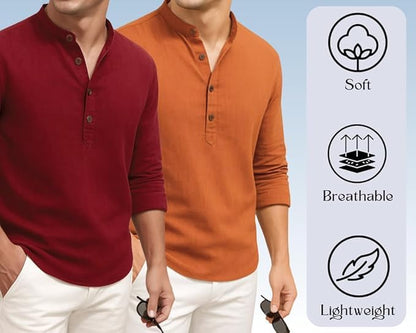 Deelmo Combo Of MenS Cotton Blend Solid Regular Fit Full Sleeve Short Kurta | MenS Trendy Short Kurta Pack Of 2 Red - Orange