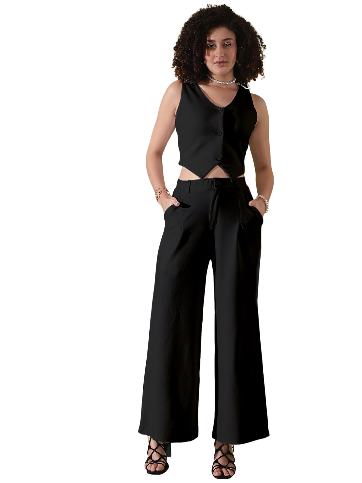 Selvia WomenS Co-Ords Set|Lycra V-Neck Solid Crop Top And Pant Set|Formal Co-Ords Set For Women|Two Piece Co-Ord Set|Top & Trou