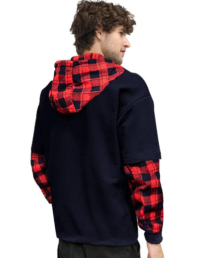 Eyebogler Mens Regular Fit Hooded Neck Full Sleeve Tshirt(Navy Red)
