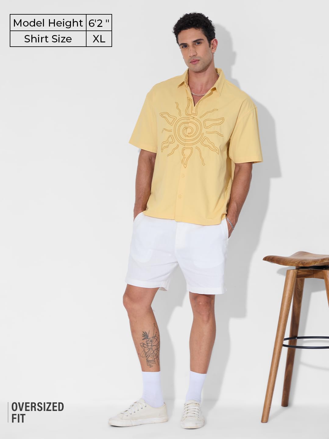 The Souled Store Oversized Shirt: Solar Men and Boys Short Sleeves Collared Neck Button Front Yellow Embroidered Cotton Oversize