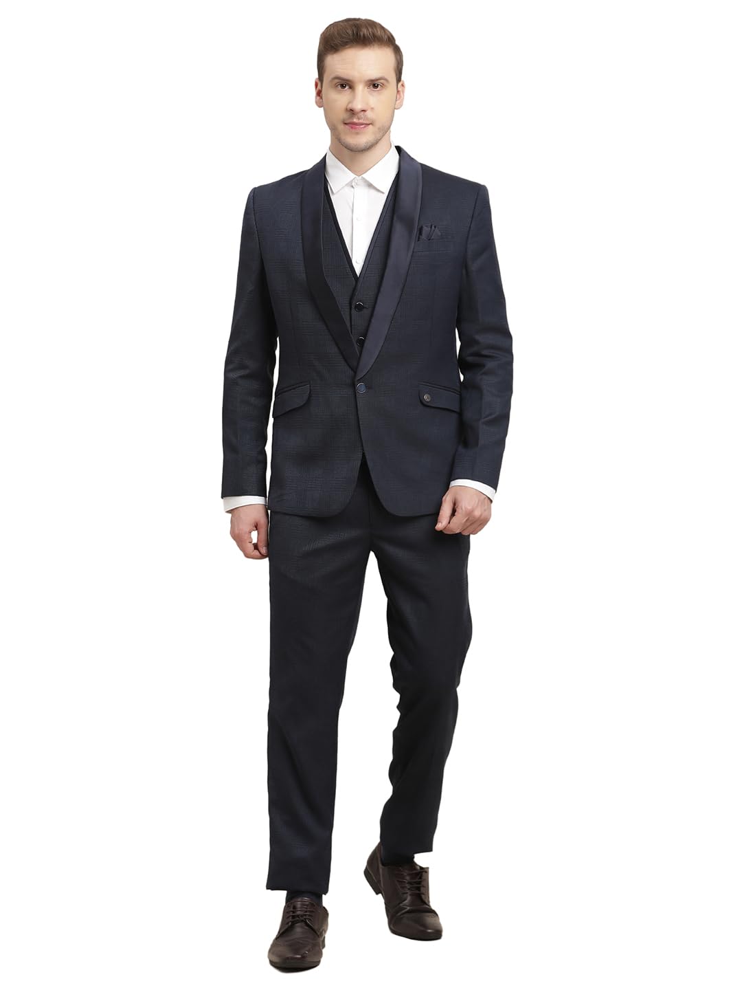Turtle Men Blue Polyviscose Checkered Formal Suit (3 Piece)
