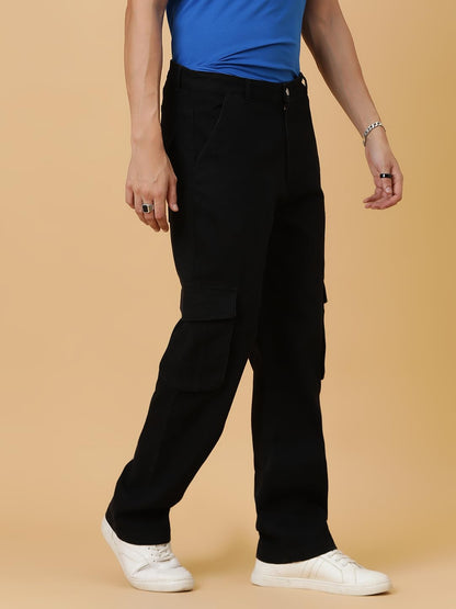 Kotty MenS Solid Mid Rise Straight Fit Stylish Looking Cargo Jeans(Black,36)