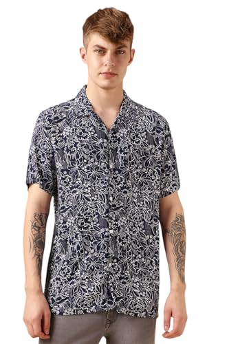 Dennis Lingo Men Navy Blue Rayon Half Sleeve Cuban Collar Aop Shirts_Dlmshmjj24003
