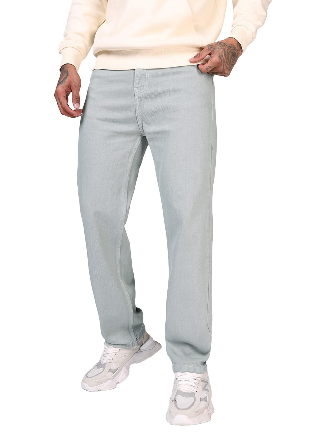 Bewakoof Mens Solid Straight Fit Pure Cotton Jeans_684672_Grey_32