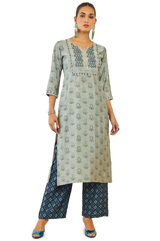 Soch Womens Grey Muslin Kurta Set with Printed Designs and Embellishments