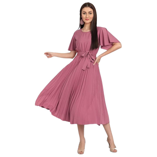 Kuduzo WomenS Crepe Midi Dress With Plated Style Round Neck Half Ruffle Sleeves Below Knee Length Solid Pattern And Regular Fit