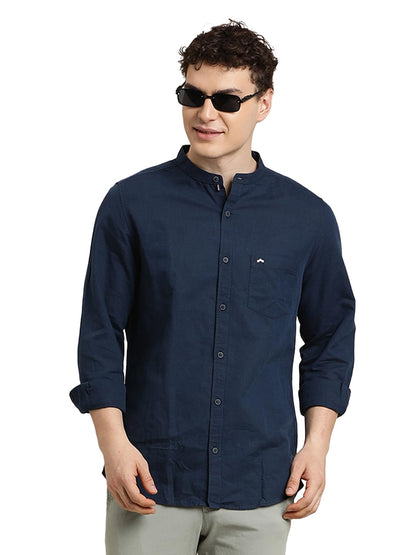 Turtle Men Slim Fit Solid Cotton Linen Blue Casual Shirt