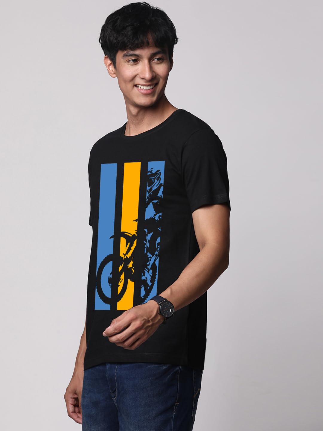 ADRO Men's Bike Rider Printed Cotton T-Shirt (RN23-M-BIK-BL_Black)